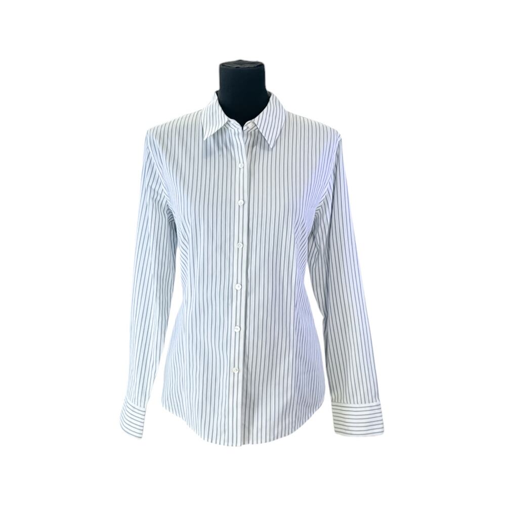 Talbots Petites Wrinkle Resistant Blue White Striped Button Up Top
